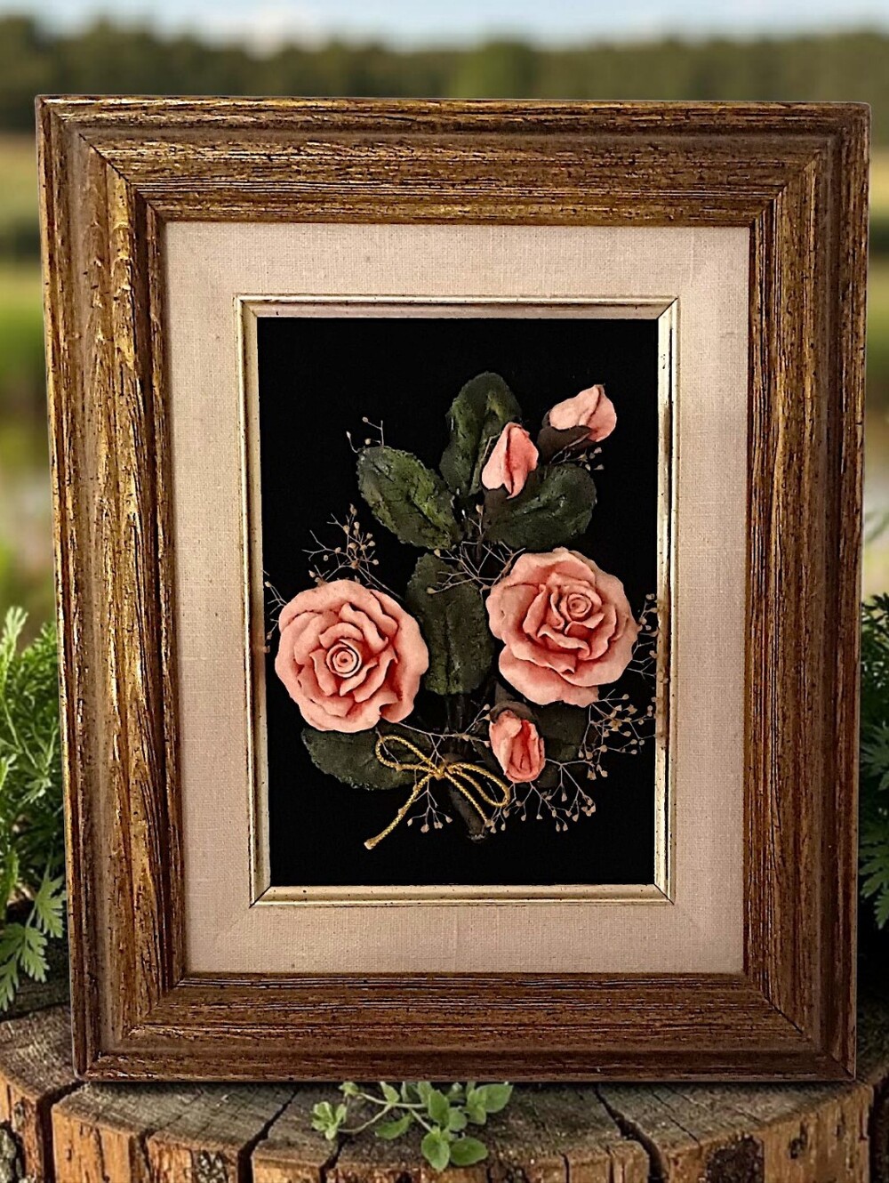 Vtg 3D Rose Picture Framed Bread Flower Artist Lotte Hunt Victorian Shabby Decor
